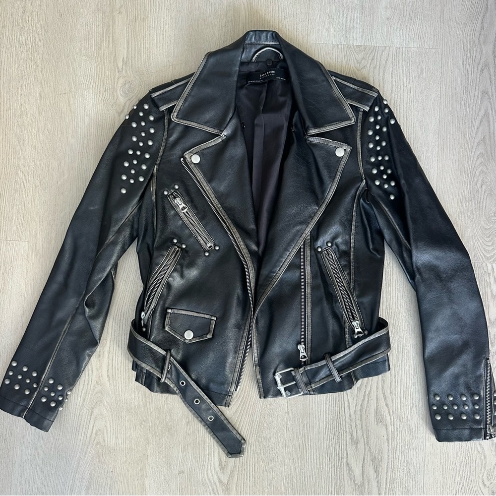 Zara Women’s Black Faux Leather Distressed Moto Jacket with Silver Studs